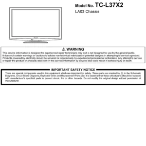 Panasonic tc l37x2 service manual cover with photo of the television, TV type, chassis code, model code, creation date and document number