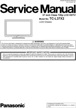 Panasonic tc l37x2 service manual cover with photo of the television, TV type, chassis code, model code, creation date and document number