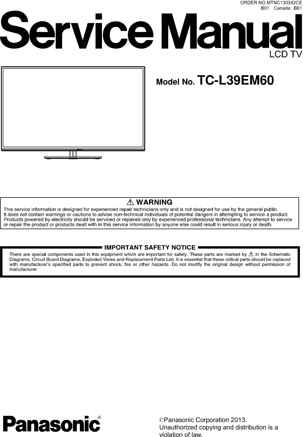 Panasonic tc l39em60 service manual cover with photo of the television, TV type, chassis code, model code, creation date and document number