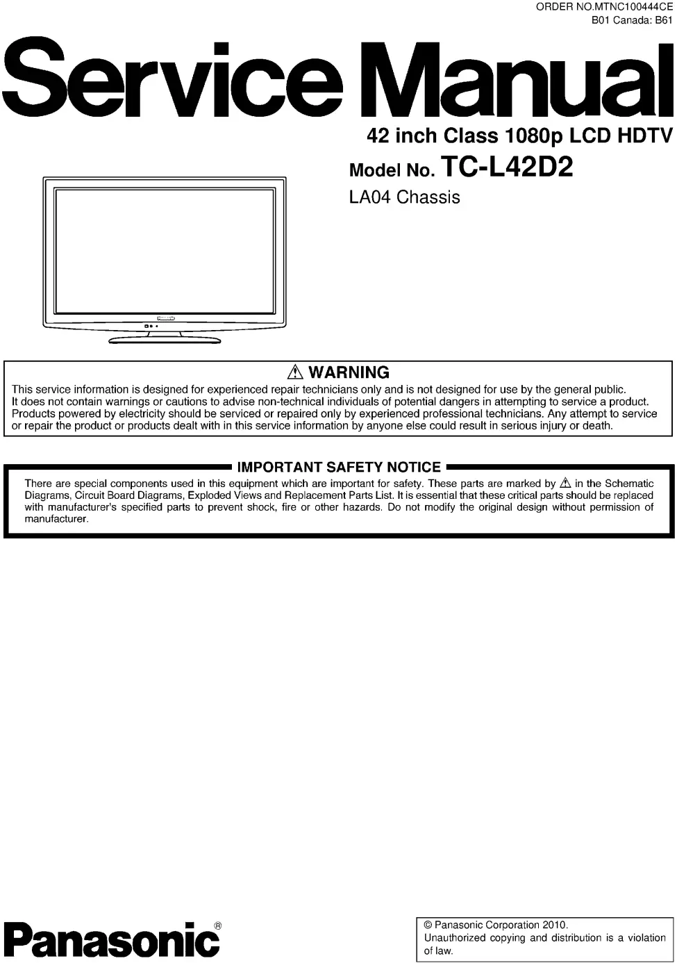 Panasonic tc l42d2 service manual cover with photo of the television, TV type, chassis code, model code, creation date and document number