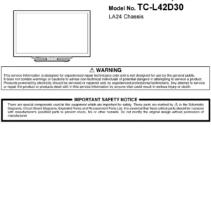 Panasonic tc l42d30 service manual cover with photo of the television, TV type, chassis code, model code, creation date and document number