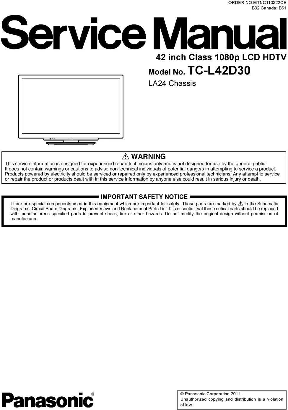 Panasonic tc l42d30 service manual cover with photo of the television, TV type, chassis code, model code, creation date and document number