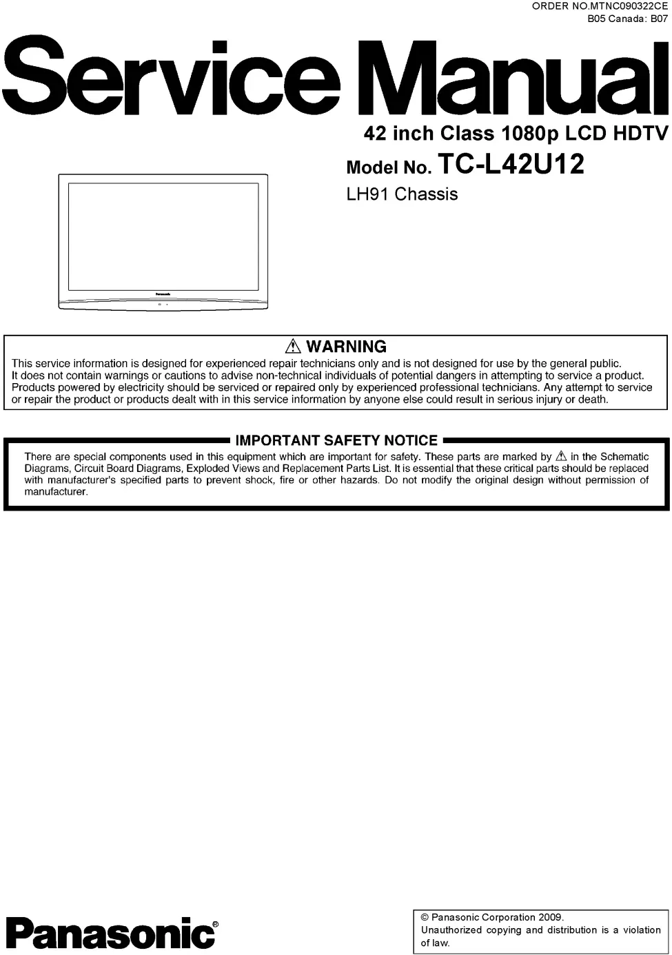 Panasonic tc l42u12 service manual cover with photo of the television, TV type, chassis code, model code, creation date and document number