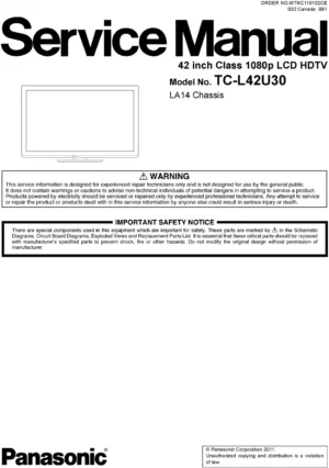 Panasonic tc l42u30 service manual cover with photo of the television, TV type, chassis code, model code, creation date and document number