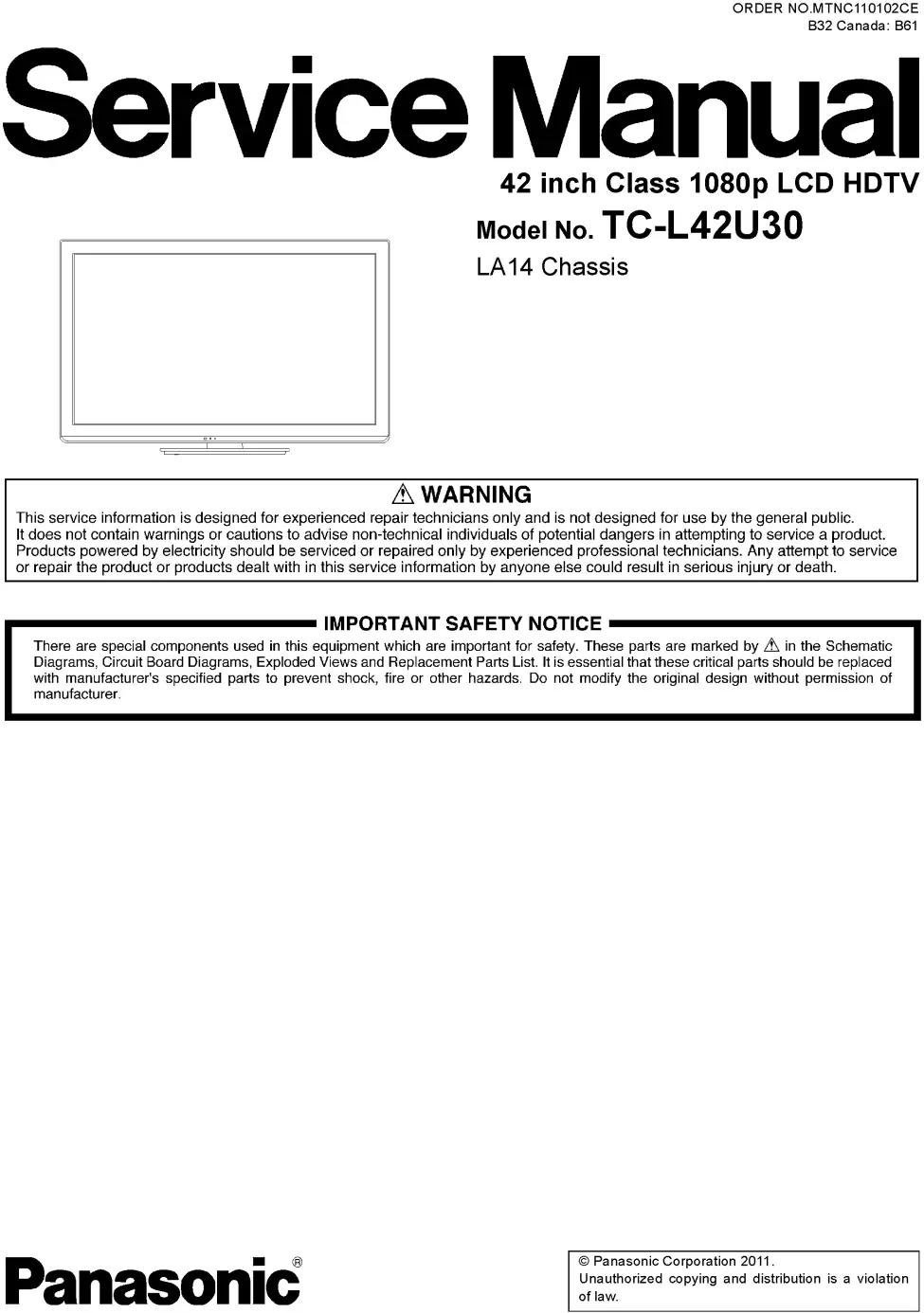 Panasonic tc l42u30 service manual cover with photo of the television, TV type, chassis code, model code, creation date and document number