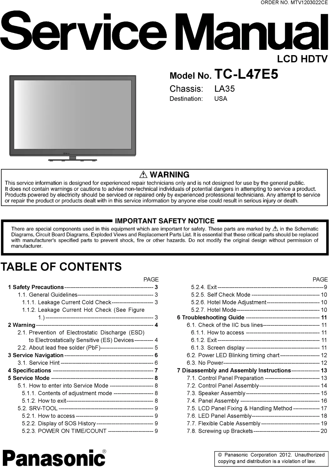 Panasonic tc l47e5 service manual cover with photo of the television, TV type, chassis code, model code, creation date and document number