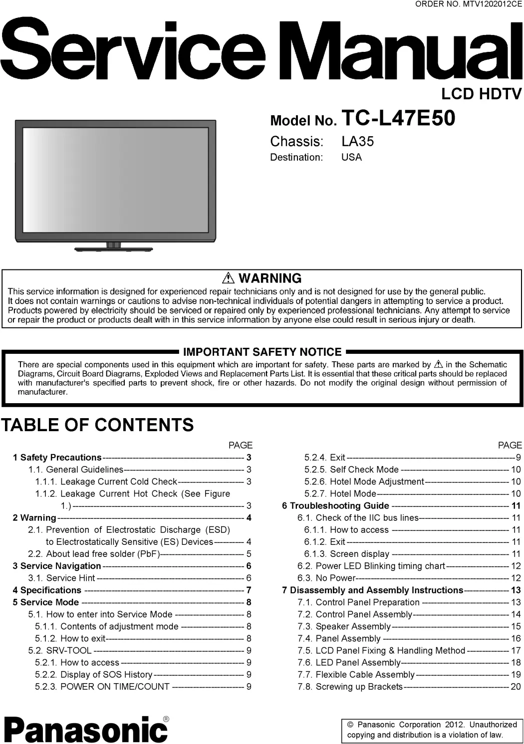 Panasonic tc l47e50 service manual cover with photo of the television, TV type, chassis code, model code, creation date and document number