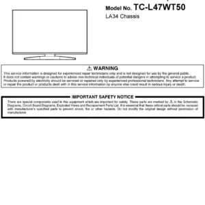 Panasonic tc l47wt50 service manual cover with photo of the television, TV type, chassis code, model code, creation date and document number