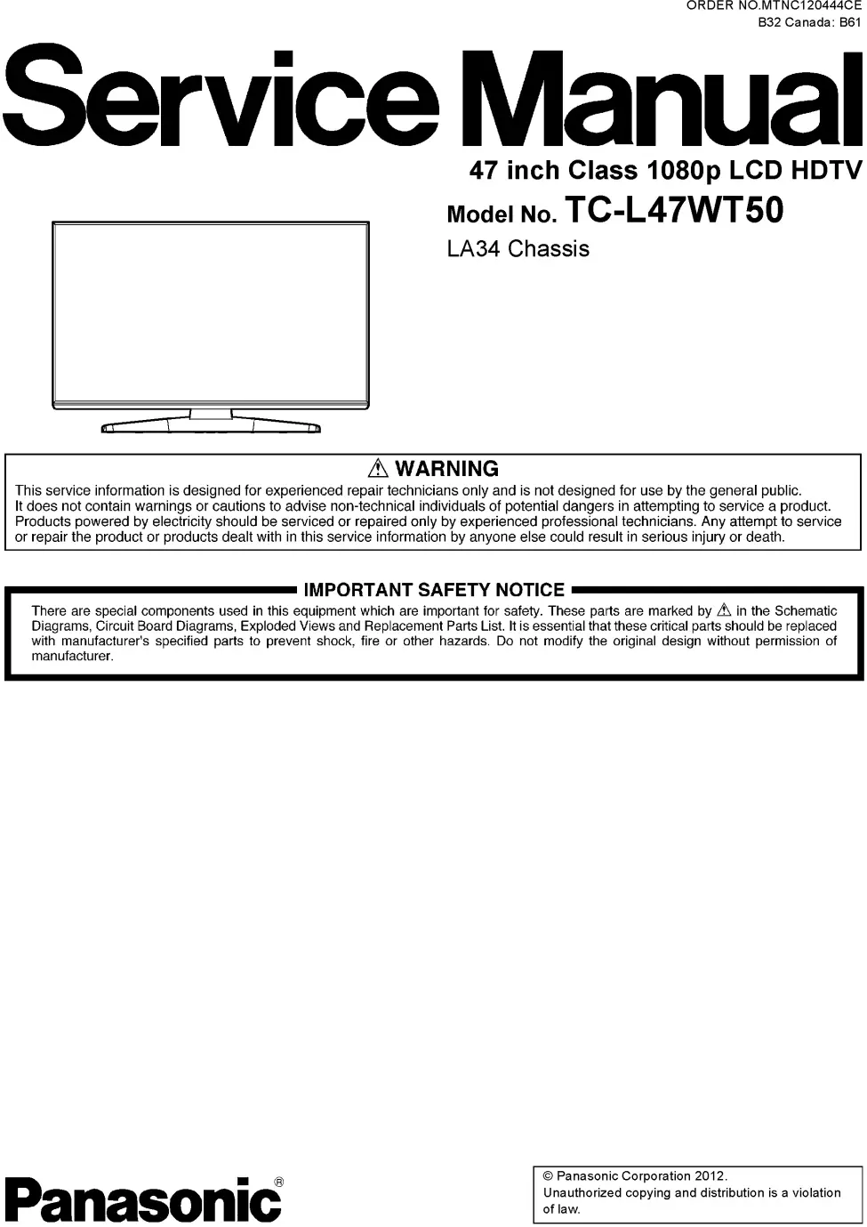 Panasonic tc l47wt50 service manual cover with photo of the television, TV type, chassis code, model code, creation date and document number