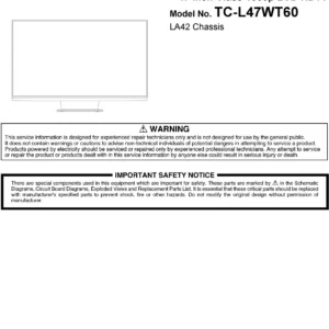 Panasonic tc l47wt60 service manual cover with photo of the television, TV type, chassis code, model code, creation date and document number