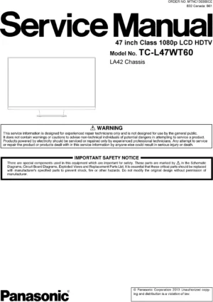Panasonic tc l47wt60 service manual cover with photo of the television, TV type, chassis code, model code, creation date and document number
