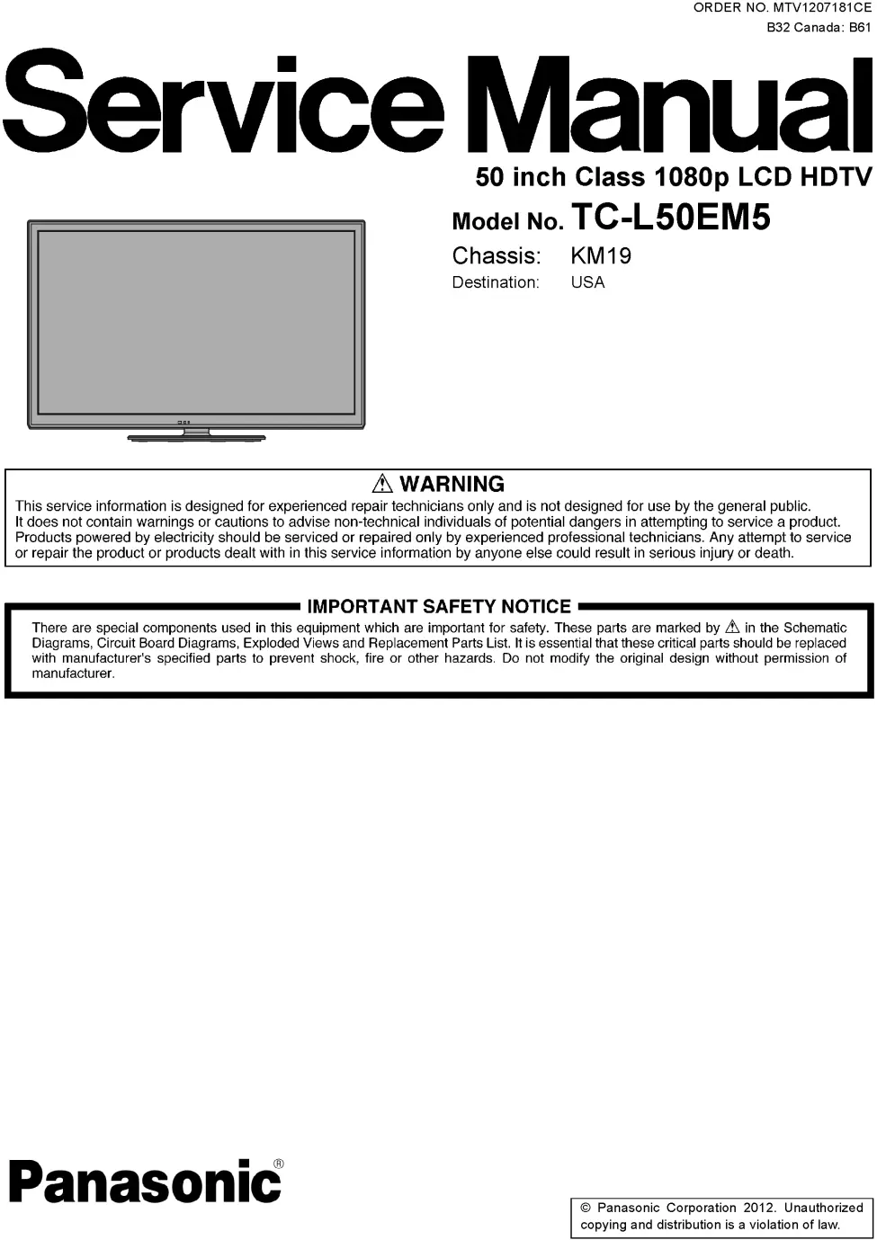 Panasonic tc l50em5 service manual cover with photo of the television, TV type, chassis code, model code, creation date and document number