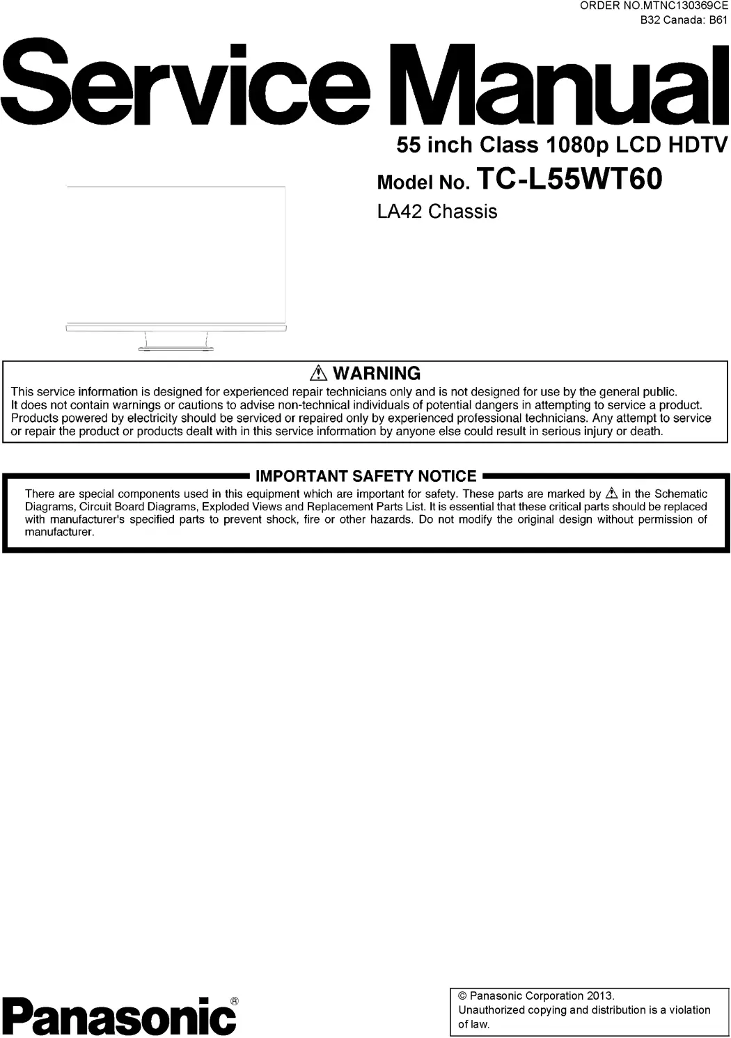 Panasonic tc l55wt60 service manual cover with photo of the television, TV type, chassis code, model code, creation date and document number