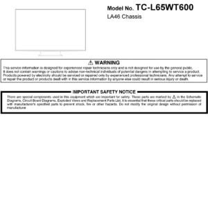 Panasonic tc l65wt600 service manual cover with photo of the television, TV type, chassis code, model code, creation date and document number