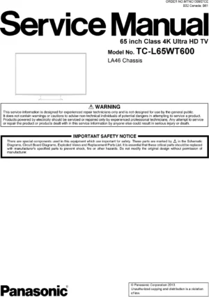 Panasonic tc l65wt600 service manual cover with photo of the television, TV type, chassis code, model code, creation date and document number
