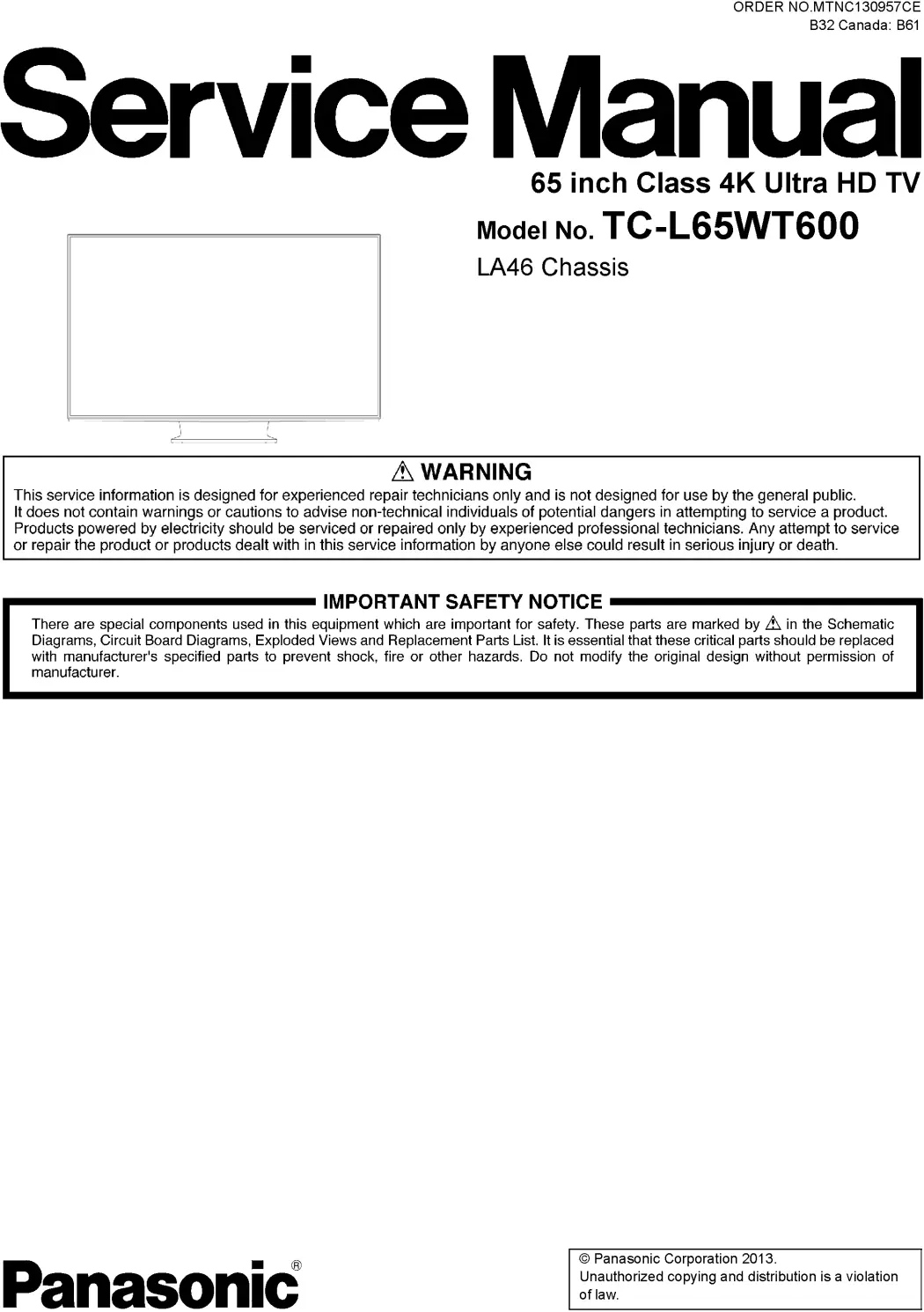 Panasonic tc l65wt600 service manual cover with photo of the television, TV type, chassis code, model code, creation date and document number