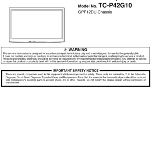 Panasonic tc p42g10 service manual cover with photo of the television, TV type, chassis code, model code, creation date and document number