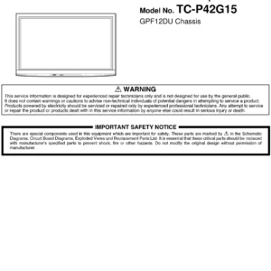 Panasonic tc p42g15 service manual cover with photo of the television, TV type, chassis code, model code, creation date and document number