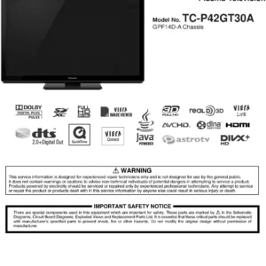 Panasonic tc p42gt30a service manual cover with photo of the television, TV type, chassis code, model code, creation date and document number