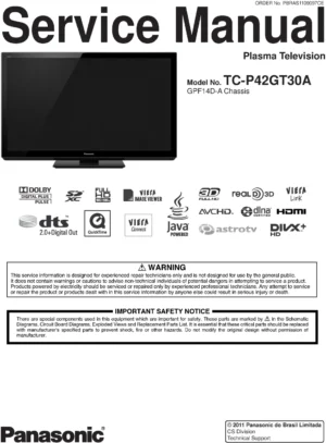 Panasonic tc p42gt30a service manual cover with photo of the television, TV type, chassis code, model code, creation date and document number
