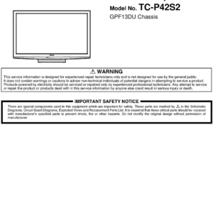 Panasonic tc p42s2 service manual cover with photo of the television, TV type, chassis code, model code, creation date and document number