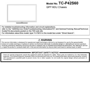 Panasonic tc p42s60 service manual cover with photo of the television, TV type, chassis code, model code, creation date and document number
