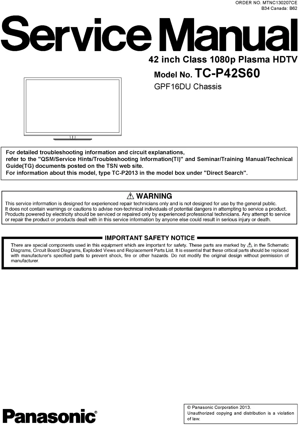 Panasonic tc p42s60 service manual cover with photo of the television, TV type, chassis code, model code, creation date and document number