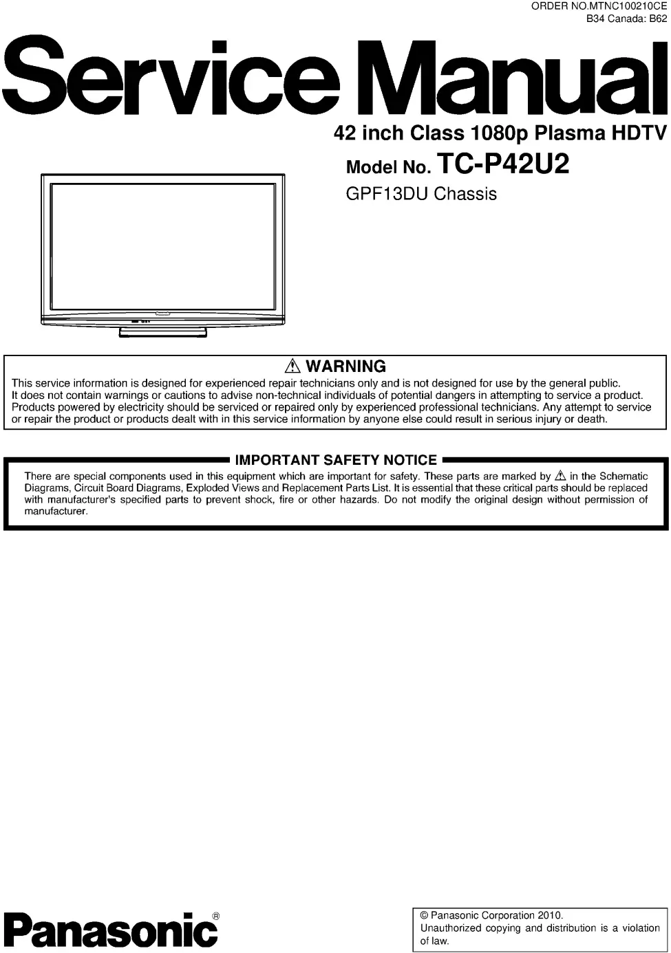 Panasonic tc p42u2 service manual cover with photo of the television, TV type, chassis code, model code, creation date and document number
