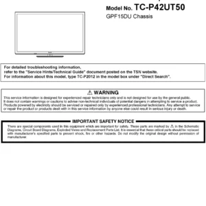 Panasonic tc p42ut50 service manual cover with photo of the television, TV type, chassis code, model code, creation date and document number