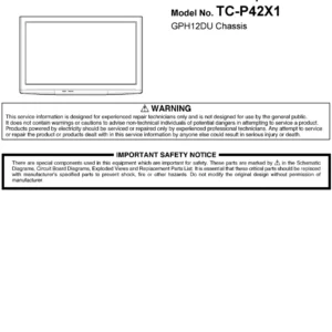Panasonic tc p42x1 service manual cover with photo of the television, TV type, chassis code, model code, creation date and document number