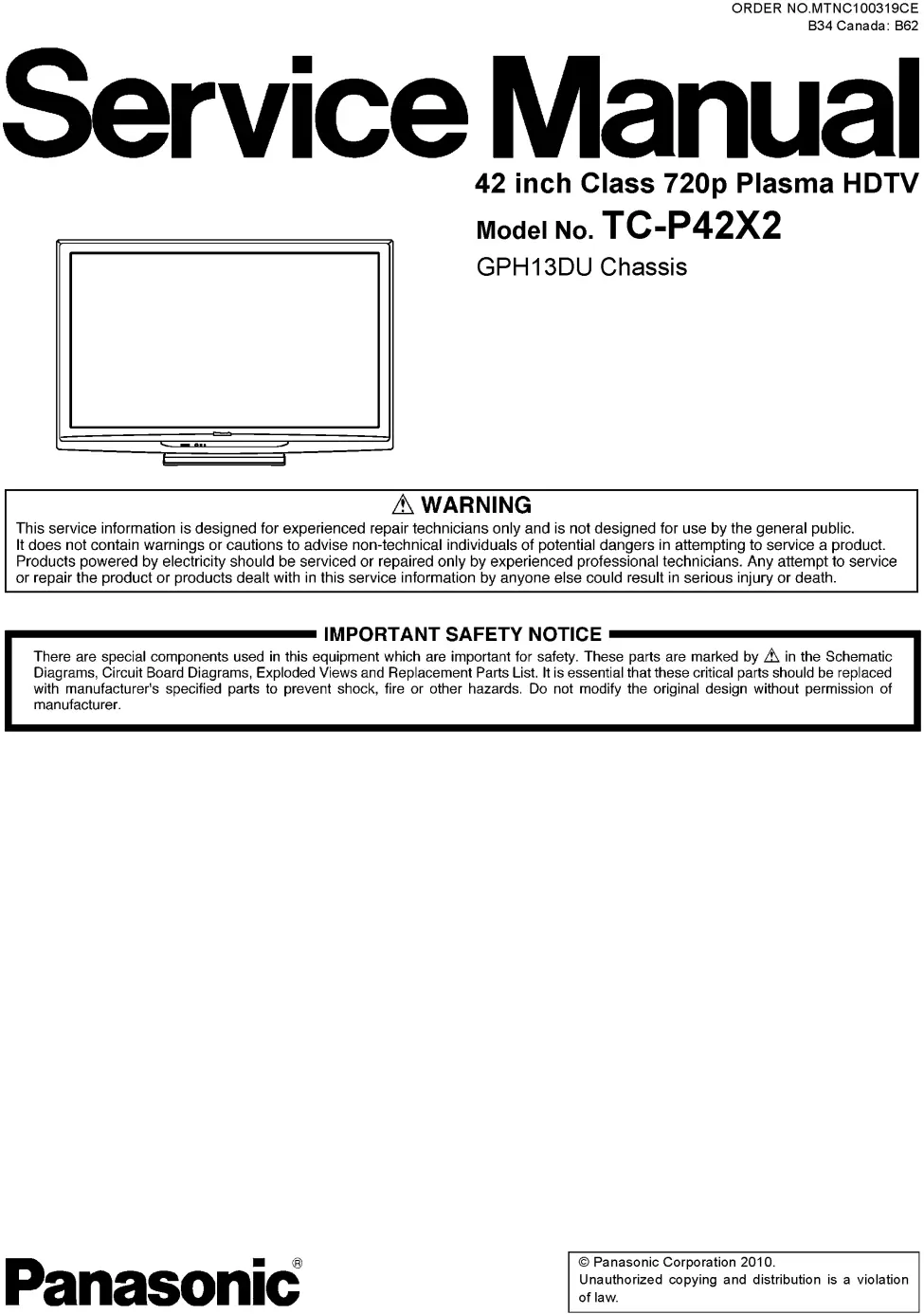Panasonic tc p42x2 service manual cover with photo of the television, TV type, chassis code, model code, creation date and document number