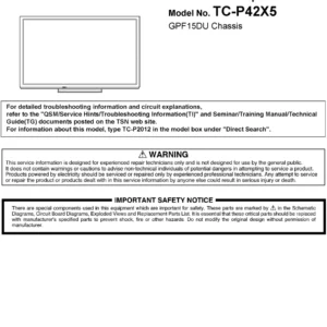 Panasonic tc p42x5 service manual cover with photo of the television, TV type, chassis code, model code, creation date and document number