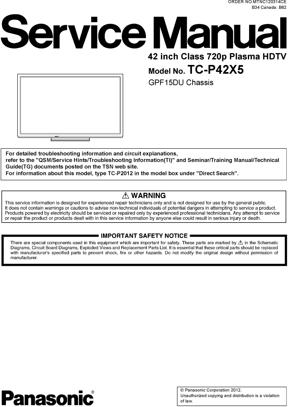 Panasonic tc p42x5 service manual cover with photo of the television, TV type, chassis code, model code, creation date and document number