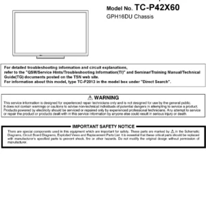 Panasonic tc p42x60 service manual cover with photo of the television, TV type, chassis code, model code, creation date and document number