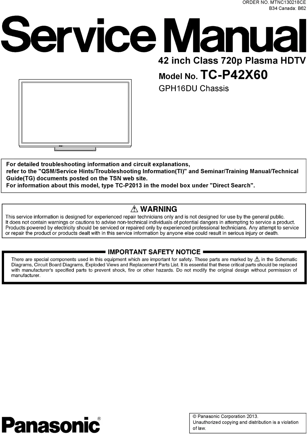 Panasonic tc p42x60 service manual cover with photo of the television, TV type, chassis code, model code, creation date and document number