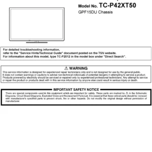 Panasonic tc p42xt50 service manual cover with photo of the television, TV type, chassis code, model code, creation date and document number