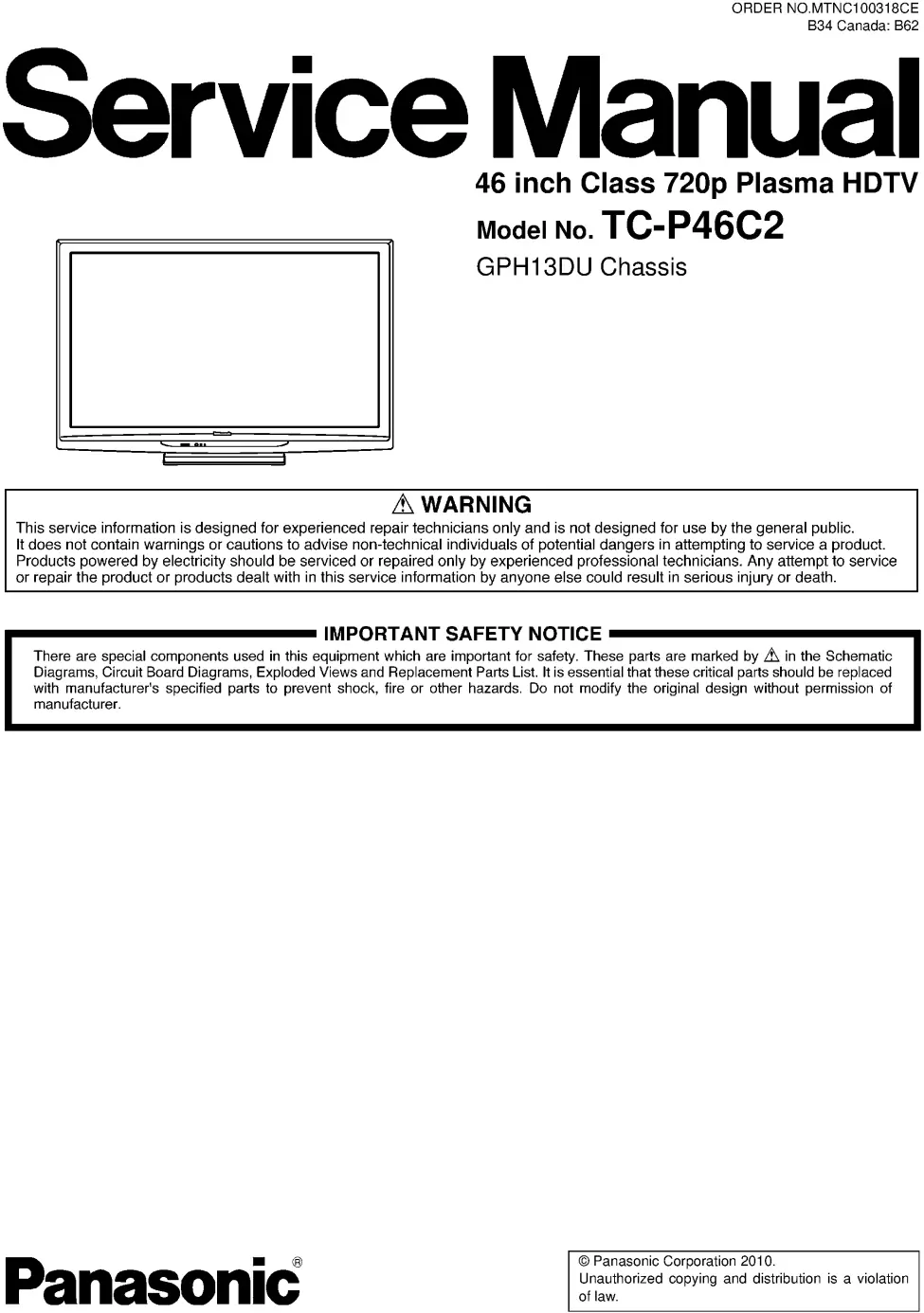 Panasonic tc p46c2 service manual cover with photo of the television, TV type, chassis code, model code, creation date and document number