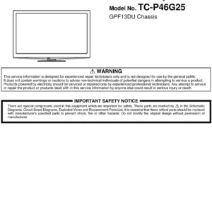 Panasonic tc p46g25 service manual cover with photo of the television, TV type, chassis code, model code, creation date and document number