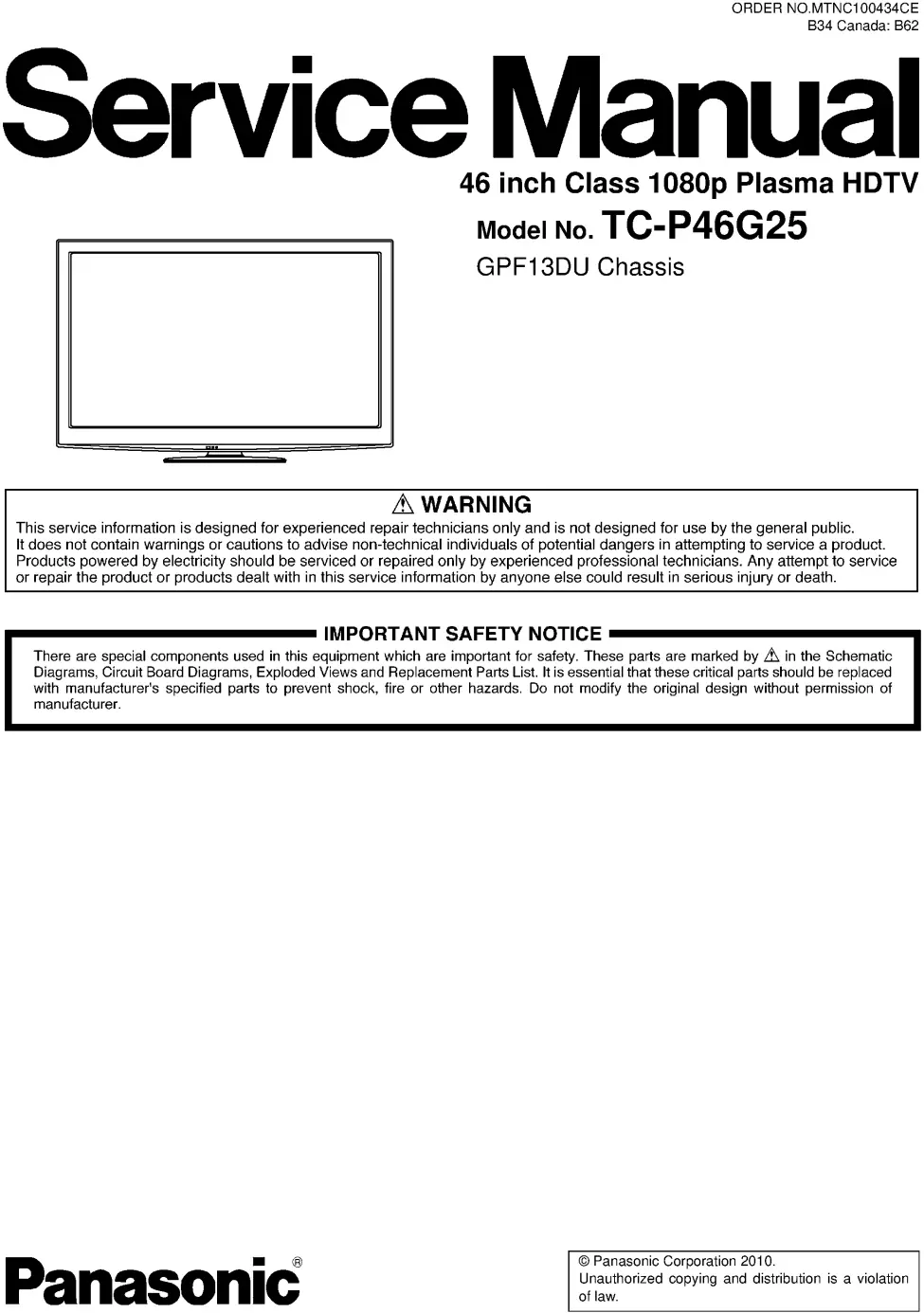 Panasonic tc p46g25 service manual cover with photo of the television, TV type, chassis code, model code, creation date and document number