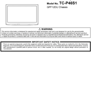 Panasonic tc p46s1 service manual cover with photo of the television, TV type, chassis code, model code, creation date and document number