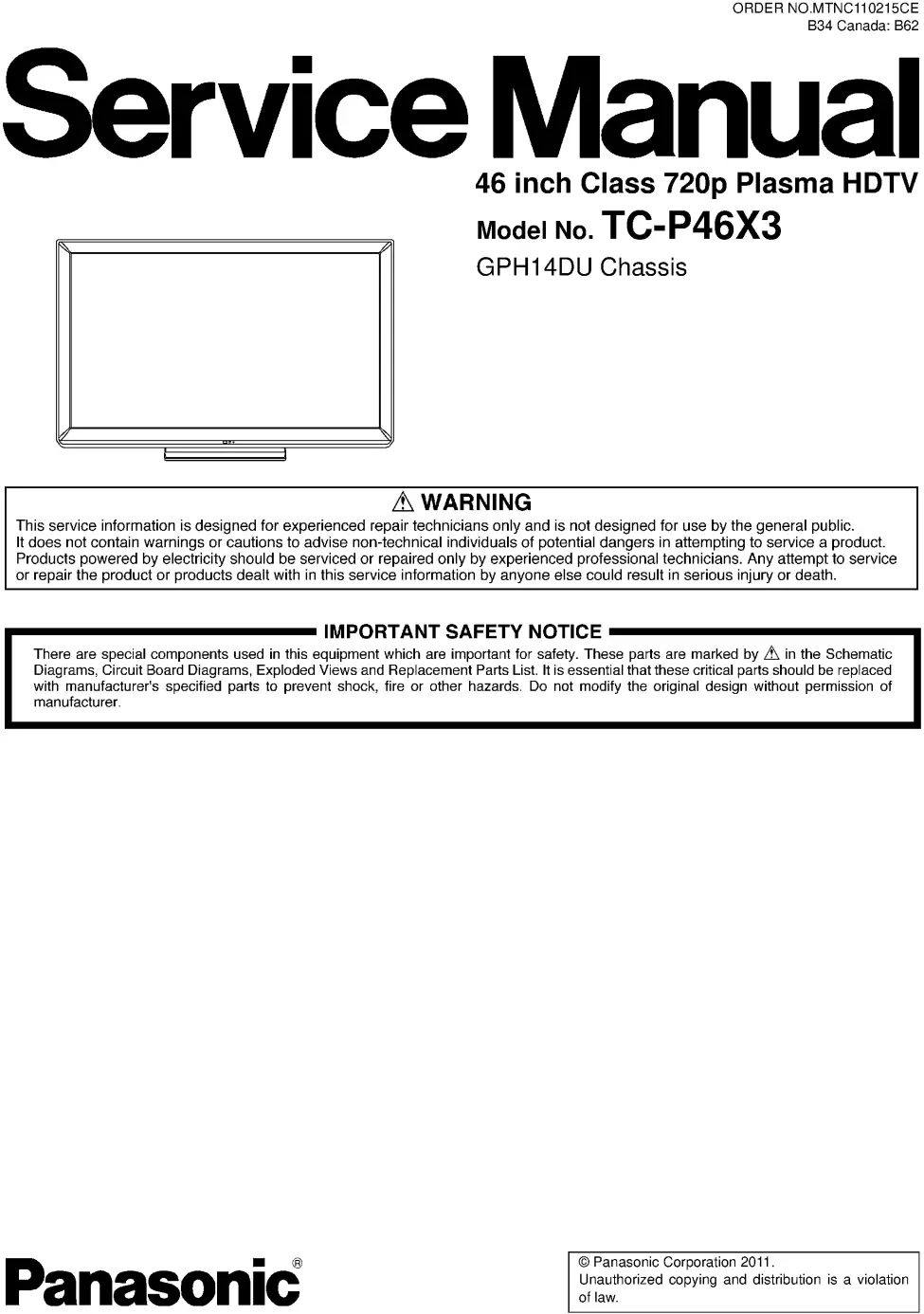 Panasonic tc p46x3 service manual cover with photo of the television, TV type, chassis code, model code, creation date and document number