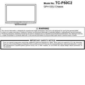 Panasonic tc p50c2 service manual cover with photo of the television, TV type, chassis code, model code, creation date and document number