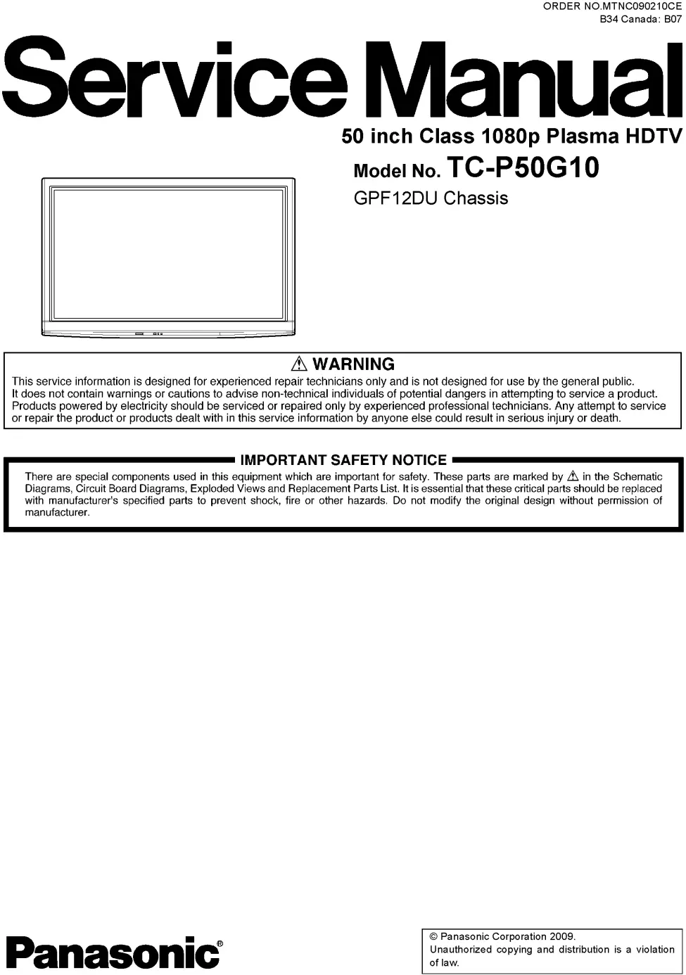 Panasonic tc p50g10 service manual cover with photo of the television, TV type, chassis code, model code, creation date and document number