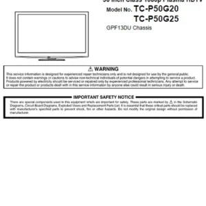 Panasonic tc p50g20 p50g25 service manual cover with photo of the television, TV type, chassis code, model code, creation date and document number