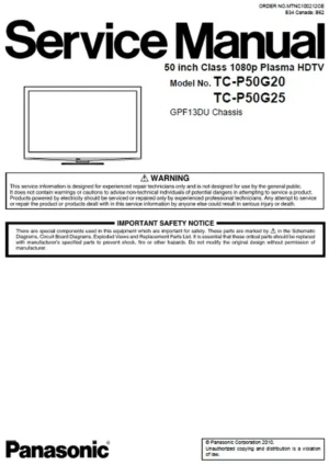 Panasonic tc p50g20 p50g25 service manual cover with photo of the television, TV type, chassis code, model code, creation date and document number