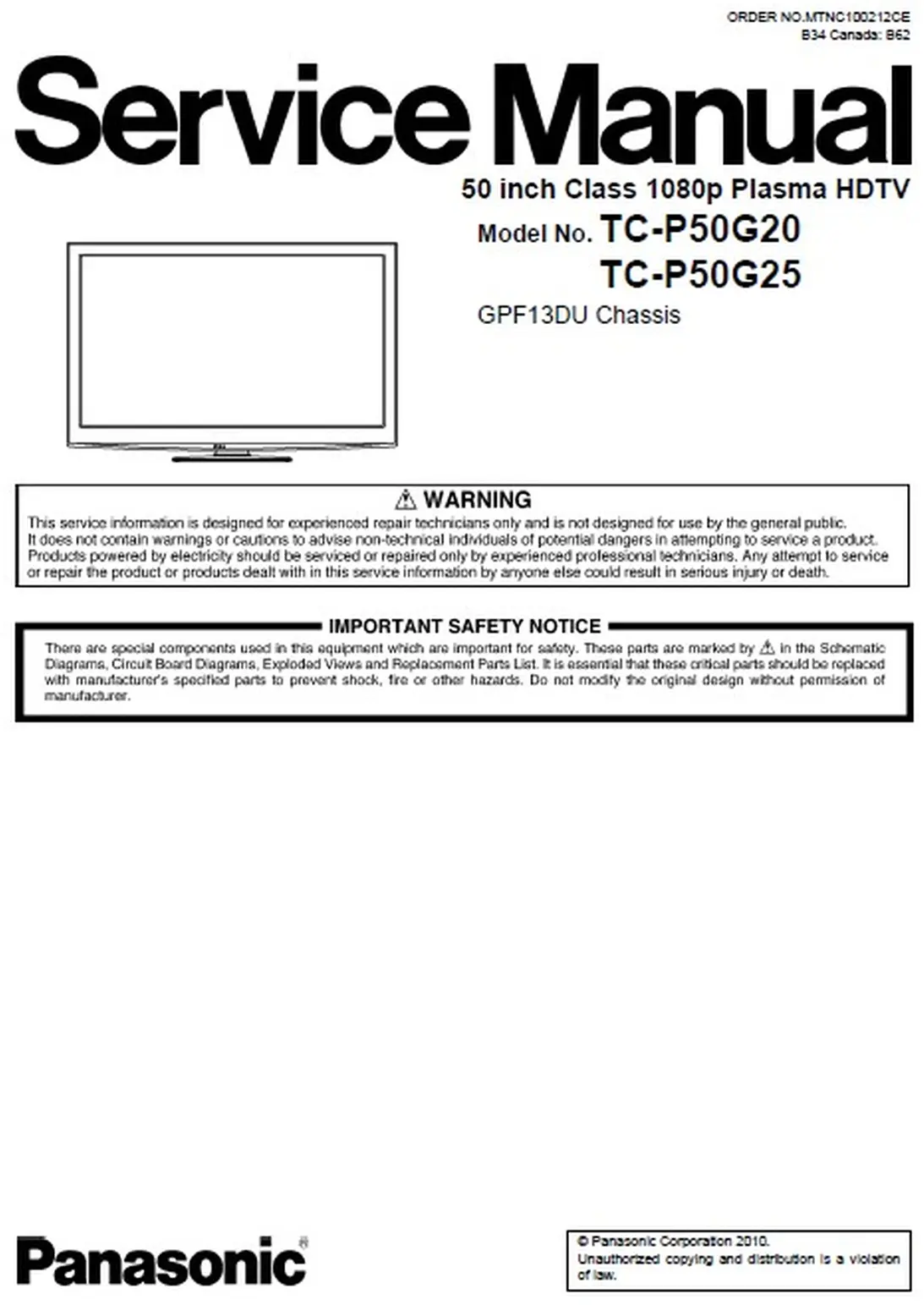 Panasonic tc p50g20 p50g25 service manual cover with photo of the television, TV type, chassis code, model code, creation date and document number