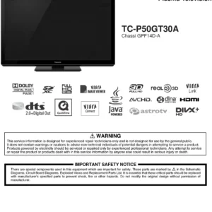 Panasonic tc p50gt30a service manual cover with photo of the television, TV type, chassis code, model code, creation date and document number