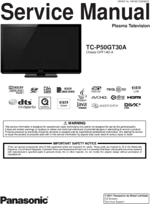 Panasonic tc p50gt30a service manual cover with photo of the television, TV type, chassis code, model code, creation date and document number