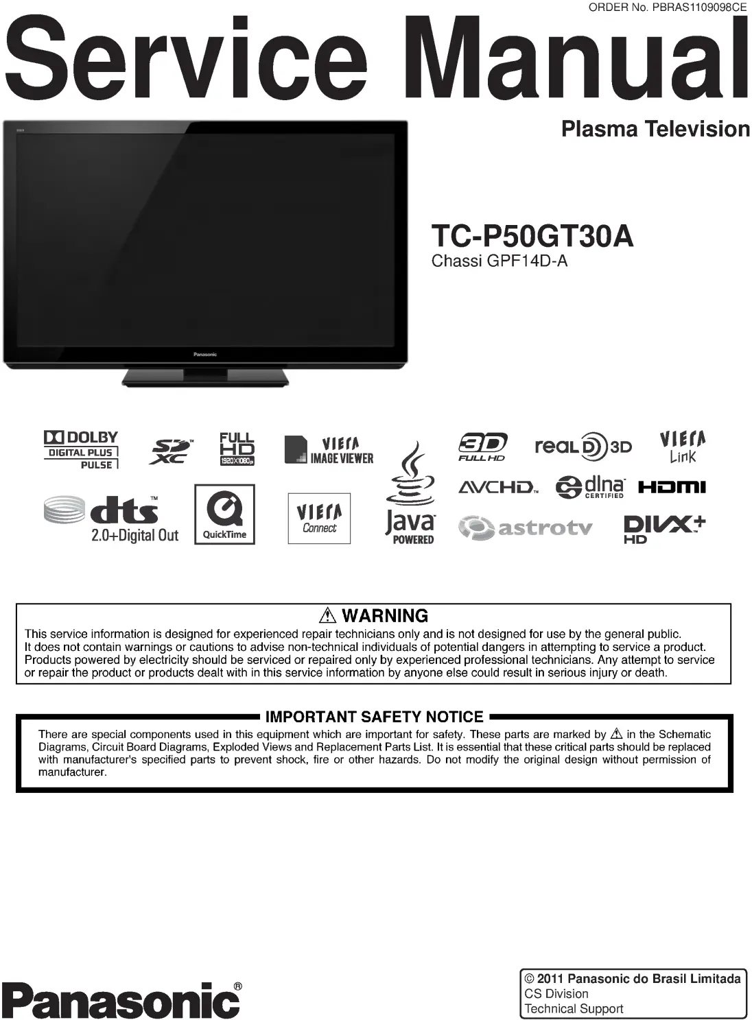 Panasonic tc p50gt30a service manual cover with photo of the television, TV type, chassis code, model code, creation date and document number