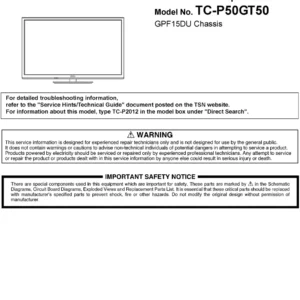 Panasonic tc p50gt50 service manual cover with photo of the television, TV type, chassis code, model code, creation date and document number